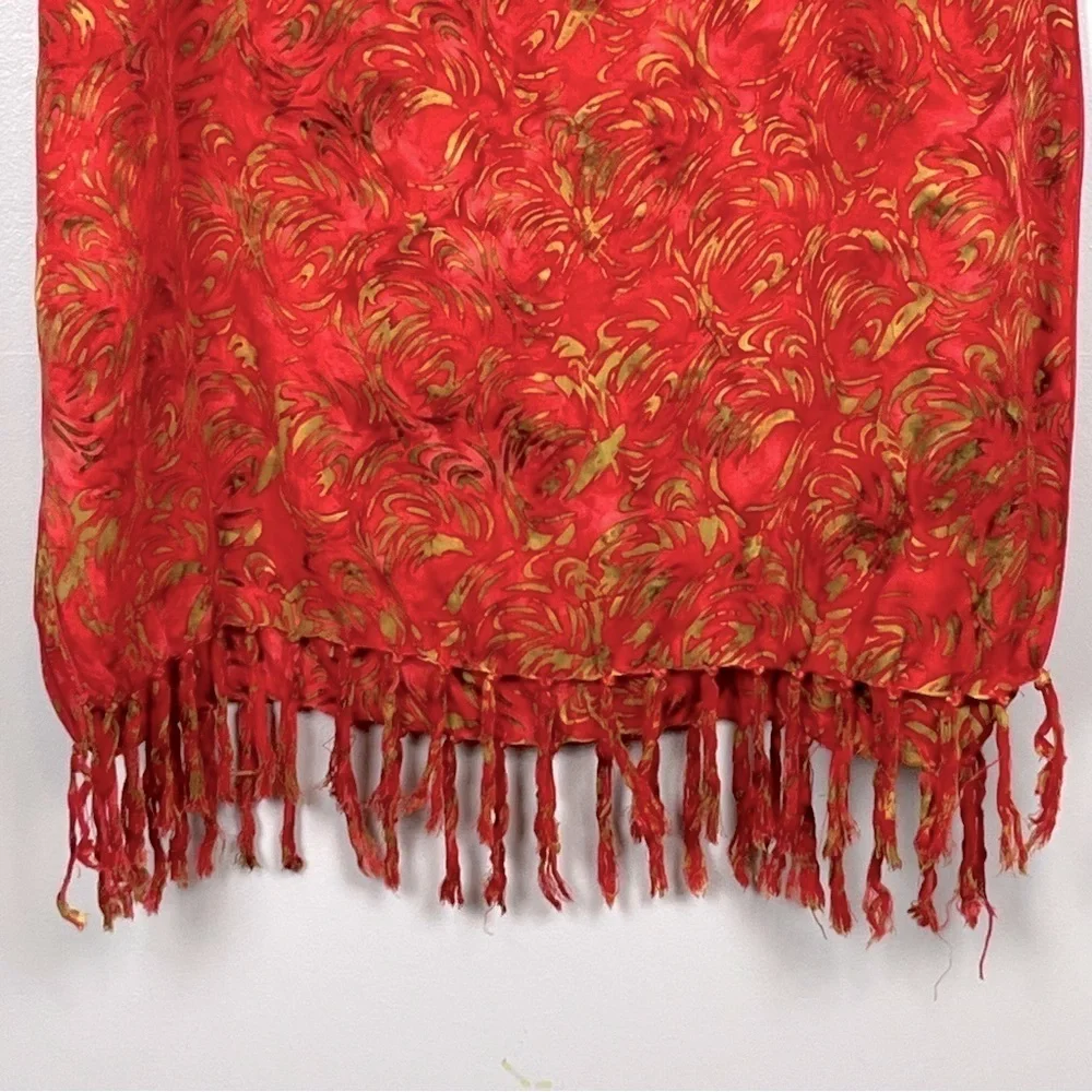Coral & green batik print fringed lightweight sarong wrap.